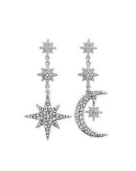 Mood Silver Crystal Moon And Star Statement Drop Earrings