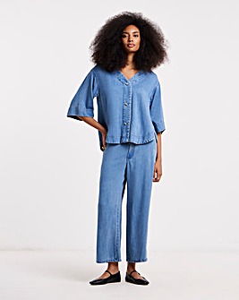 Light Blue Tencel Denim Relaxed Half Sleeve Shirt Co Ord