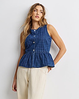 Gingham Denim Sleeveless Peplum Top