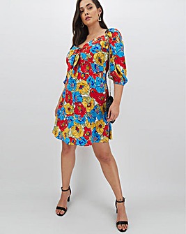 Neon Rose Floral Tie Front Mini Dress
