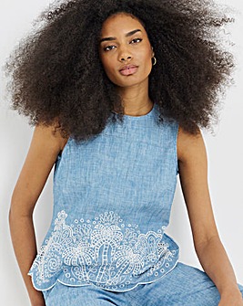 Light Wash Chambray Palm Tree Broderie Top