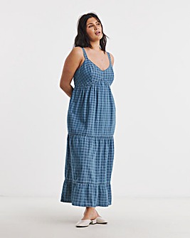Blue Gingham Sleeveless Denim Midi Dress