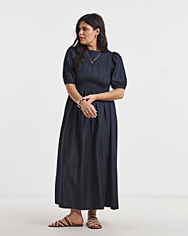Indigo Denim Soleil Shirred Short Sleeve Midaxi Dress