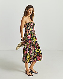 Tropical Print Shirred Bandeau Midi Beach Dress