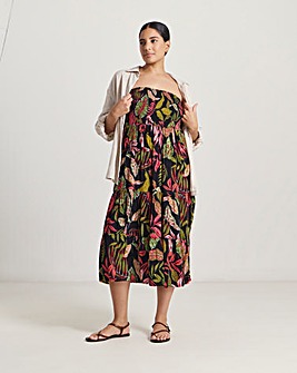 Tropical Print Shirred Bandeau Midi Beach Dress