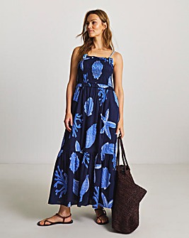 Magisculpt Shell Print Shirred Midi Beach Dress