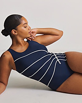 Sports Swimsuit High Neck Piping Detail Navy