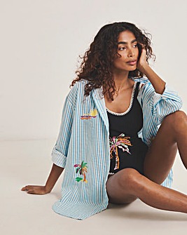 Embroidered Button Up Stripe Beach Shirt
