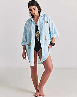 Embroidered Button Up Stripe Beach Shirt
