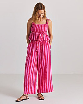 Pink Stripe Shirred Beach Top and Trouser Co-Ord Set
