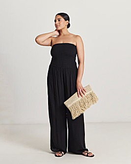 Shirred Bandeau Beach Jumpsuit Black
