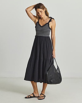 Contrast Stitch Shirred Midi Beach Dress