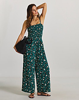 Teal Leopard Print Shirred Bandeau Jumpsuit