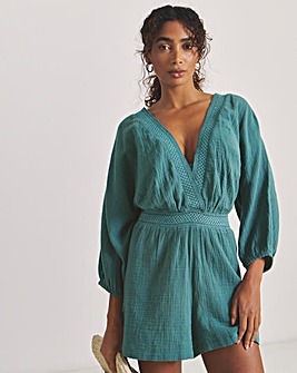 Shirred Detail Long Sleeve Plunge Beach Playsuit