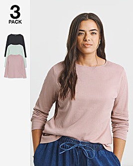 Black, Rose & Khaki 3 Pack Long Sleeve Ribbed Tops