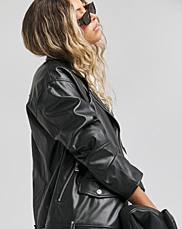 Black Faux Leather Oversized Belted Biker