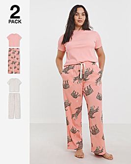 2 Pack Ribbed T Shirt Pyjama Sets