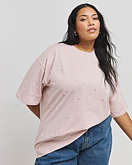 Dusty Pink Pearl Embellished T-Shirt