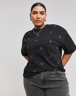 Black Star & Moon Print Diamante T-Shirt