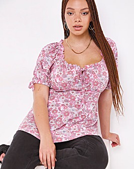 Sweetheart Neck Smock Top with Tie Details