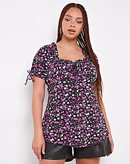 Sweetheart Neck Smock Top with Tie Details