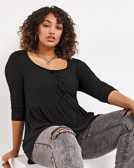 Black 3/4 Sleeve Lace Up Front Longline Tunic Top