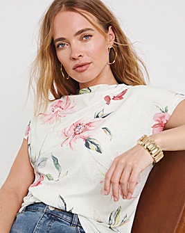 Pink & White Floral Slash Neck Mesh Top