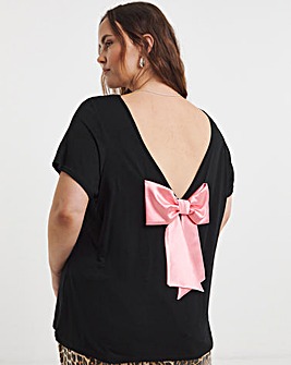 Black & Light Pink Short Sleeve Satin Bow Back Top