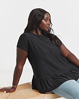 Black Broderie Cap Sleeve Peplum Top