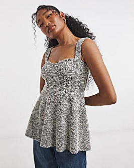 Black & White Boucle Sweetheart Neck Peplum Top