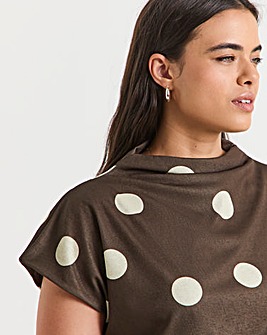 Brown Spot Print Slash Neck Mesh Top