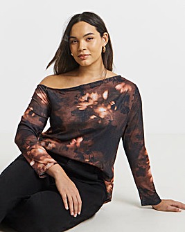 Brown Floral Print Asymmetric Shoulder Mesh Top
