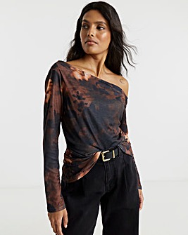 Brown Floral Print Asymmetric Shoulder Mesh Top