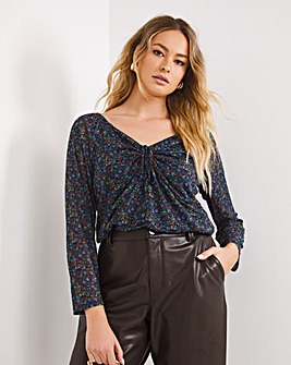 Floral Print Mesh Keyhole Top