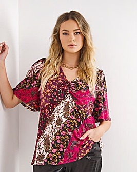 Multi Print Luxe Jersey Ruched Bust Angel Sleeve Top