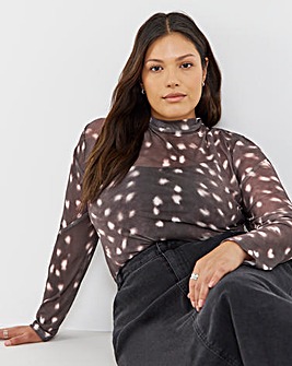 Brown Deer Print High Neck Mesh Top