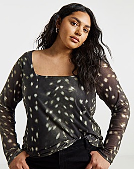 Green Deer Print Square Neck Mesh Top