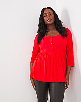 Red 3/4 Sleeve Square Neck Button Front Longline Top