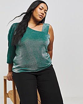 Teal Glitter Knit One Shoulder Top