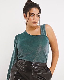 Teal Glitter Knit One Shoulder Top