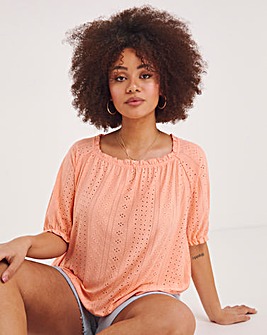 Coral Jersey Broderie Square Neck Top