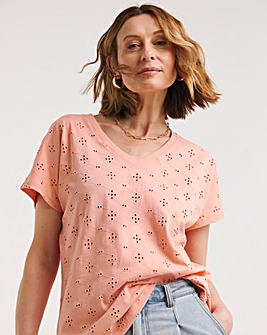 Coral V Neck Broderie Short Sleeve T-Shirt