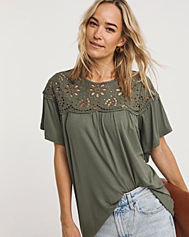 Khaki Broderie Yoke Angel Sleeve Longline Top