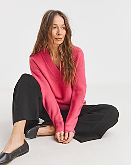 Pink V Neck Curved Hem Jumper