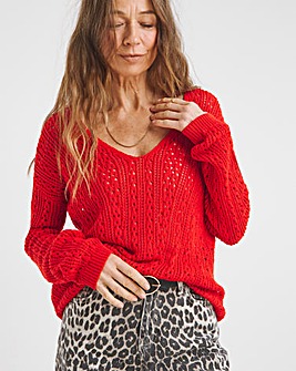 Pointelle All Over Stitch V Neck Jumper