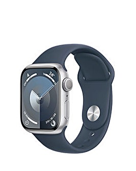 Apple Watch Series 9 GPS 41mm Silver Aluminium Case, Storm Blue Sport Band - S/M