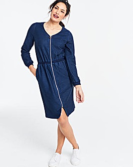 Premium Jersey Denim Zip Front Midi Dress