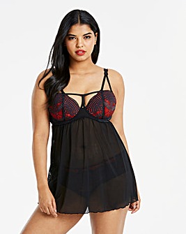Simply Be Amy Black/Red Lace Underwired Padded Balcony Babydoll
