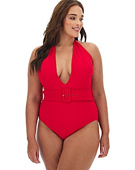 Belted Textured V-Neck Swimsuit