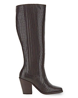 Leather Mock Croc Western High Leg Boots Wide E Fit Standard Calf Width